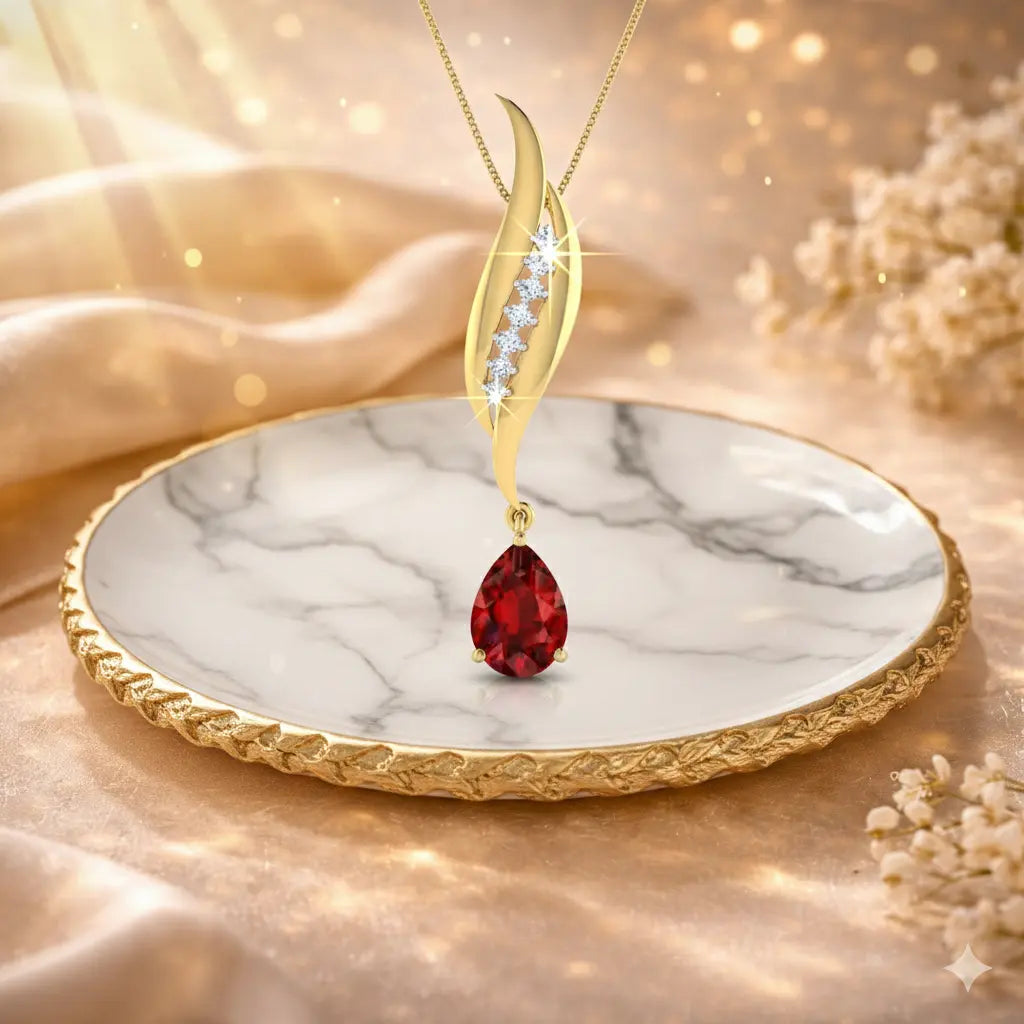 Gold necklace with a red teardrop pendant on a marble surface with a soft focus background.
