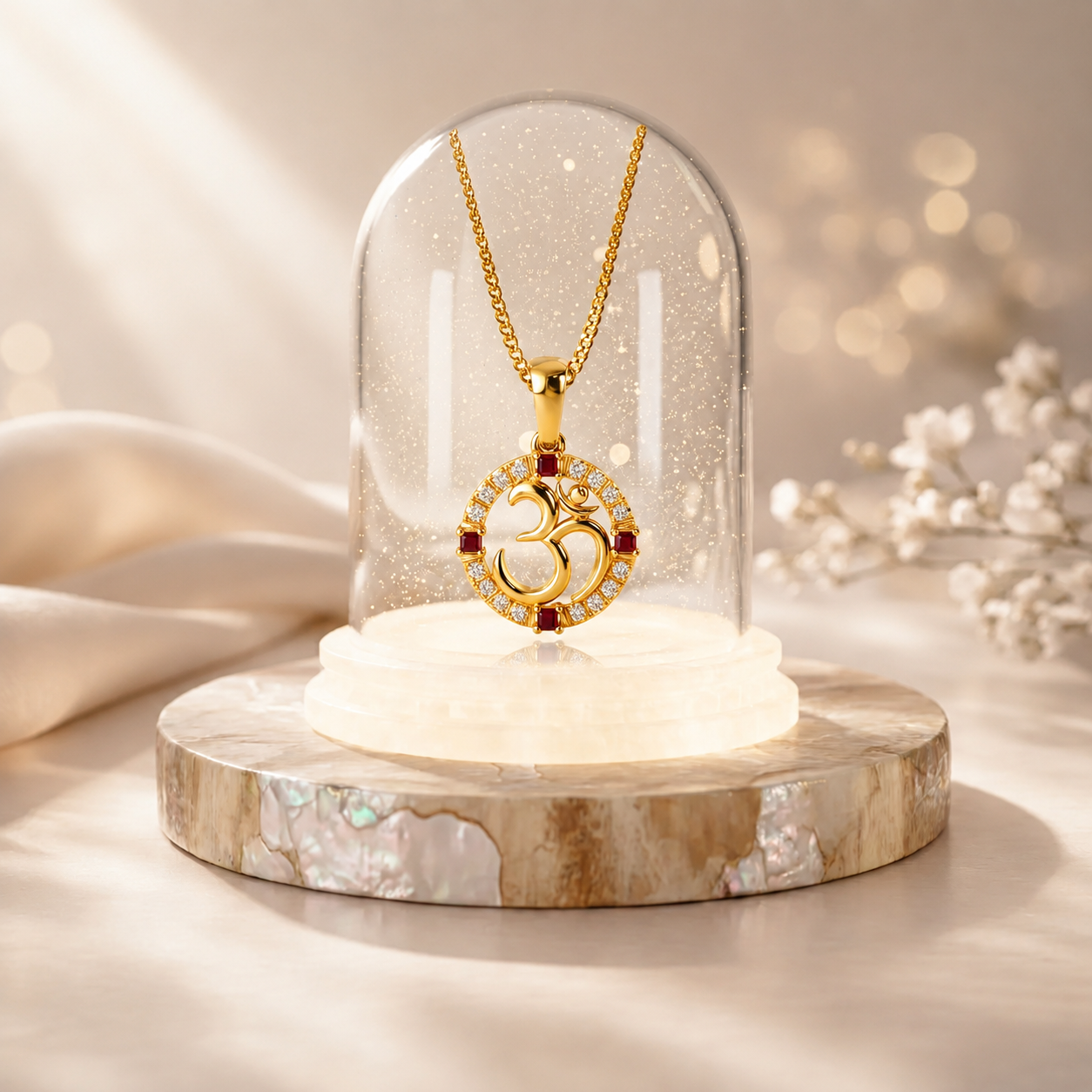 Divine 18K Gold Plated Radhe Radhe Calligraphy Pendant with Moissanite Diamonds