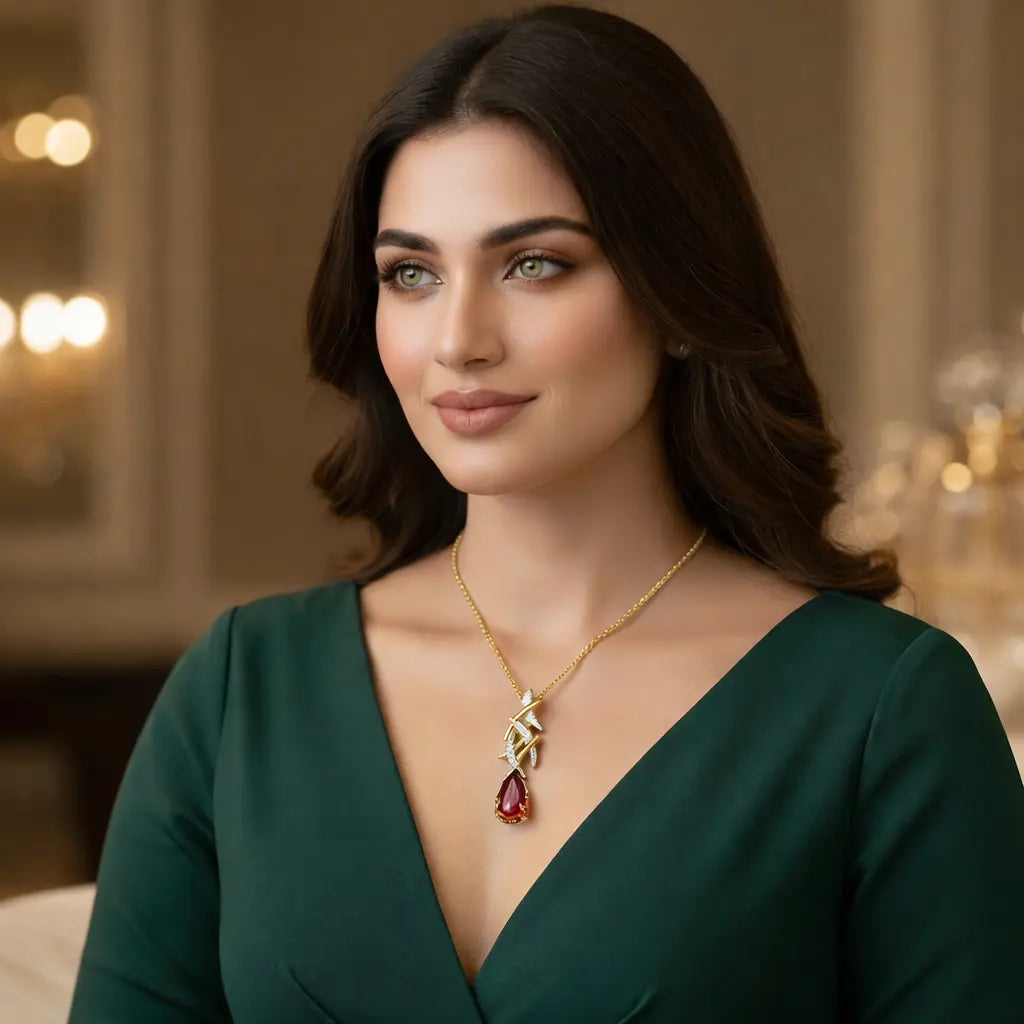 Woman wearing a green dress and gold necklace with a red gemstone in an elegant indoor setting.