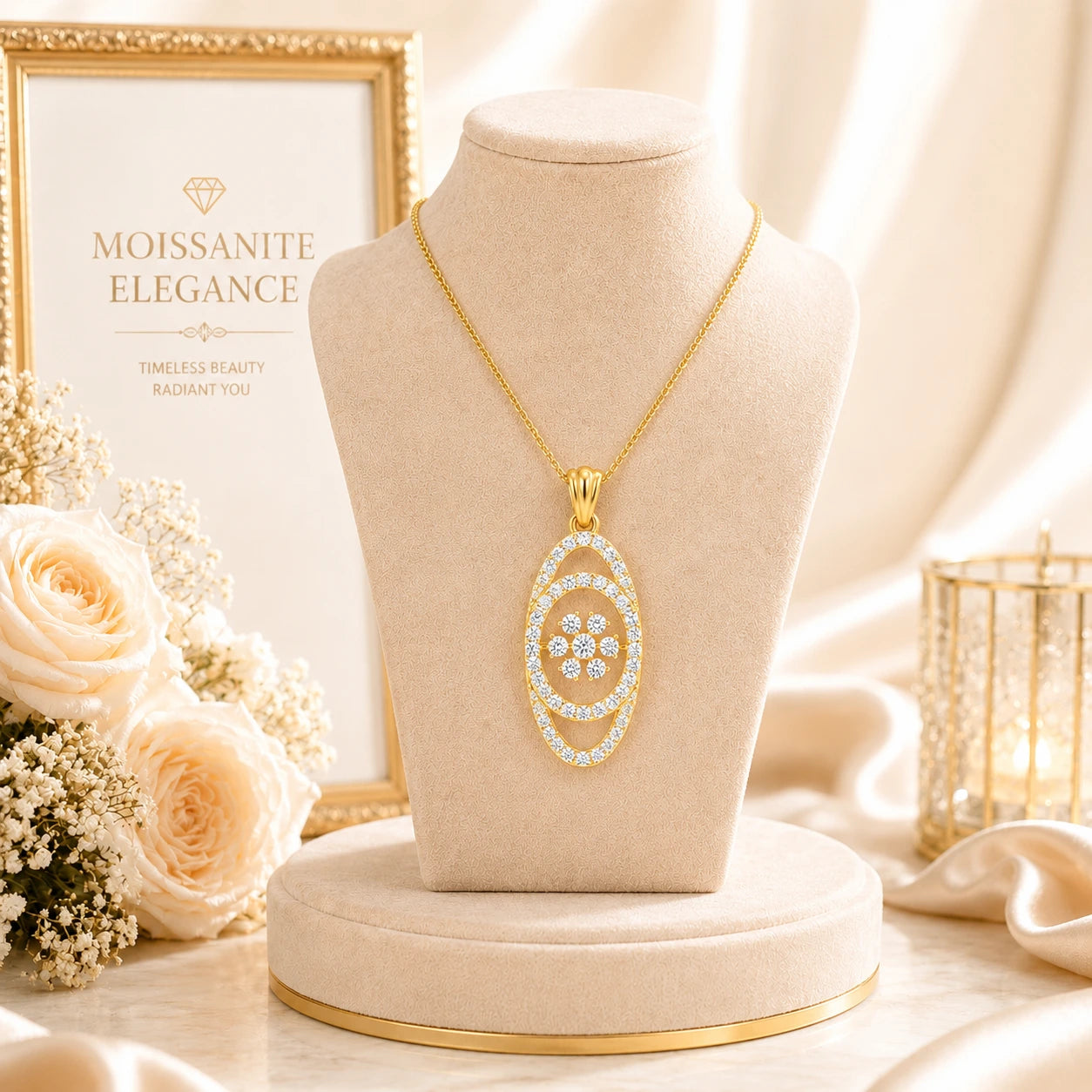 Lya Oval Fleur 18K Gold Plated Moissanite Diamond  Diamond Pendant