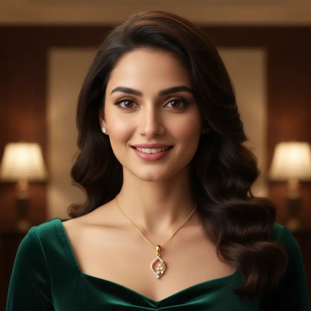 Woman wearing a green dress with a gold necklace in a warmly lit room.