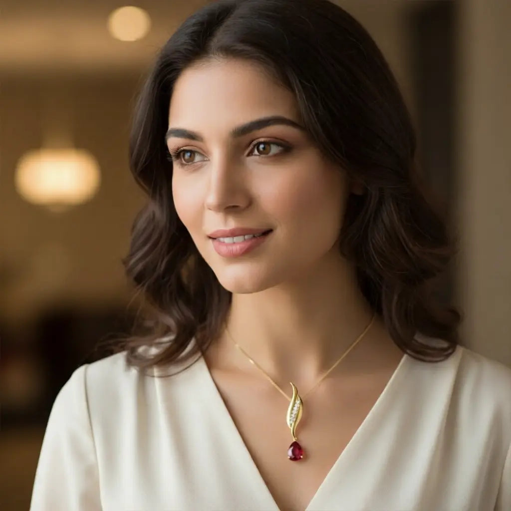 Woman wearing a necklace with a red gemstone in an indoor setting