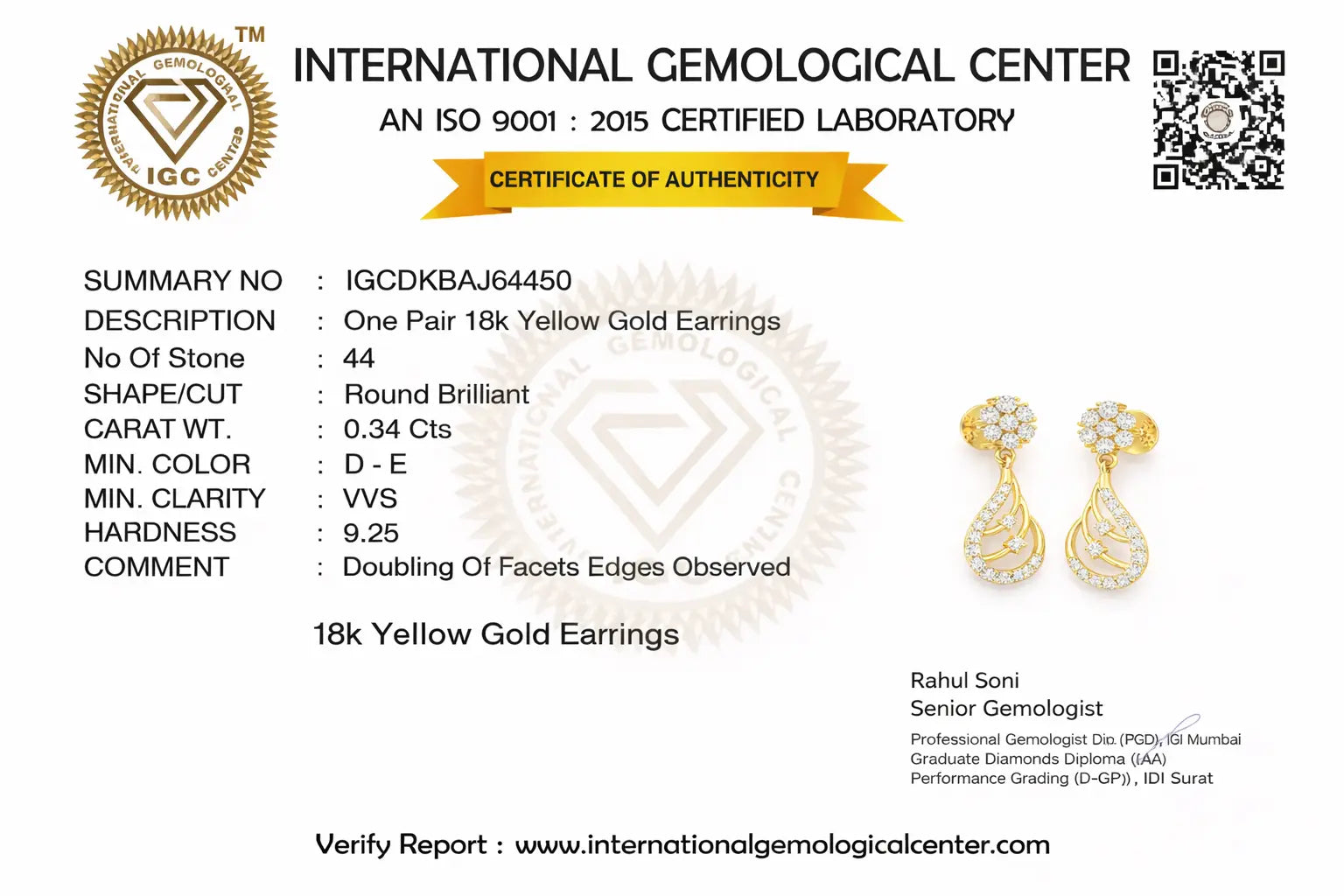 International Gemological Center certificate for 18k yellow gold earrings with detailed specifications.