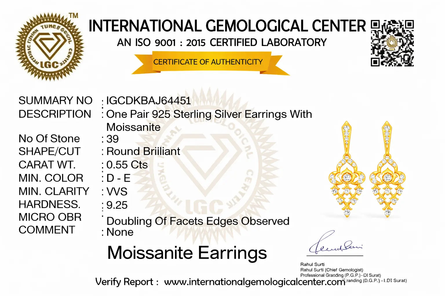 Certificate of authenticity for 925 Sterling Silver Earrings with Moissanite from the International Gemological Center.