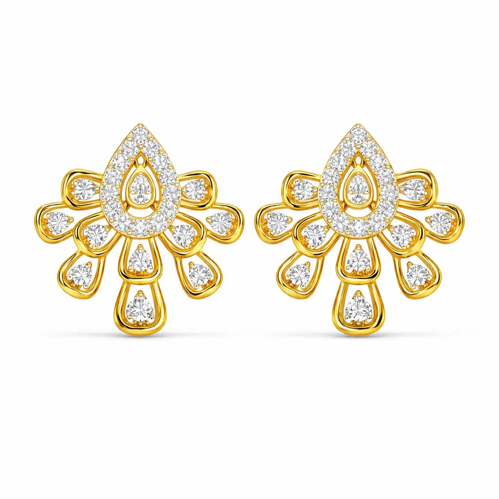 Gold earrings with diamond accents on a white background