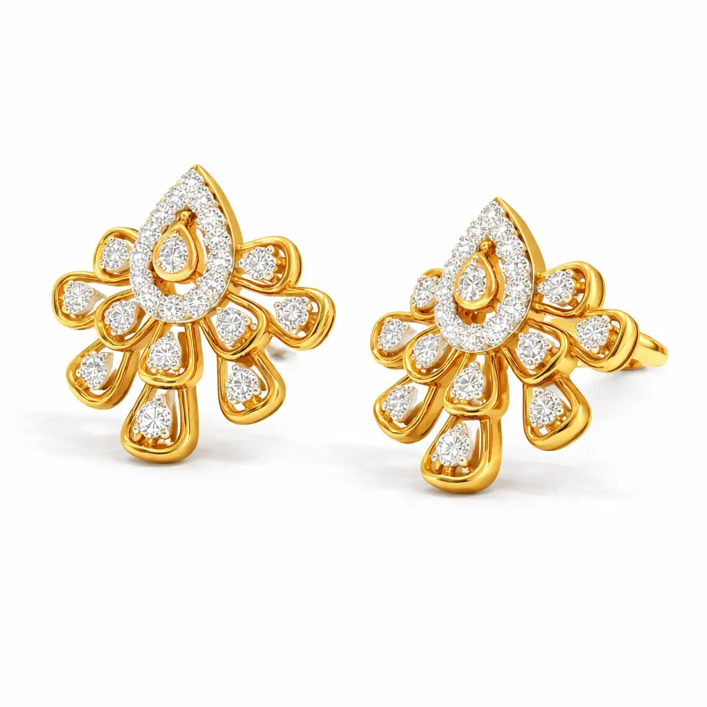 Gold earrings with diamond accents on a white background