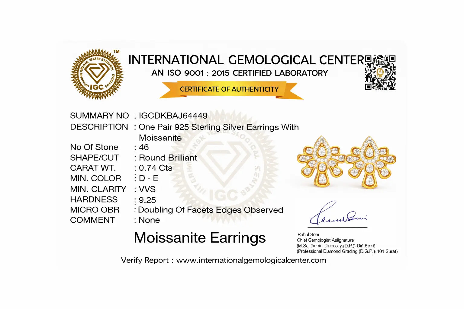 Certificate of authenticity for moissanite earrings with International Gemological Center logo.
