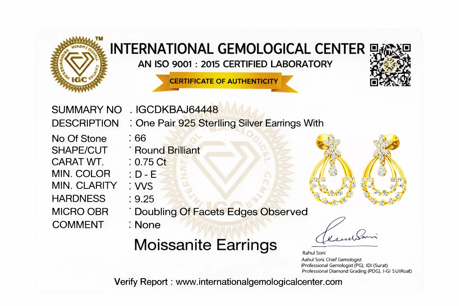 International Gemological Center certificate for Moissanite earrings with detailed specifications.