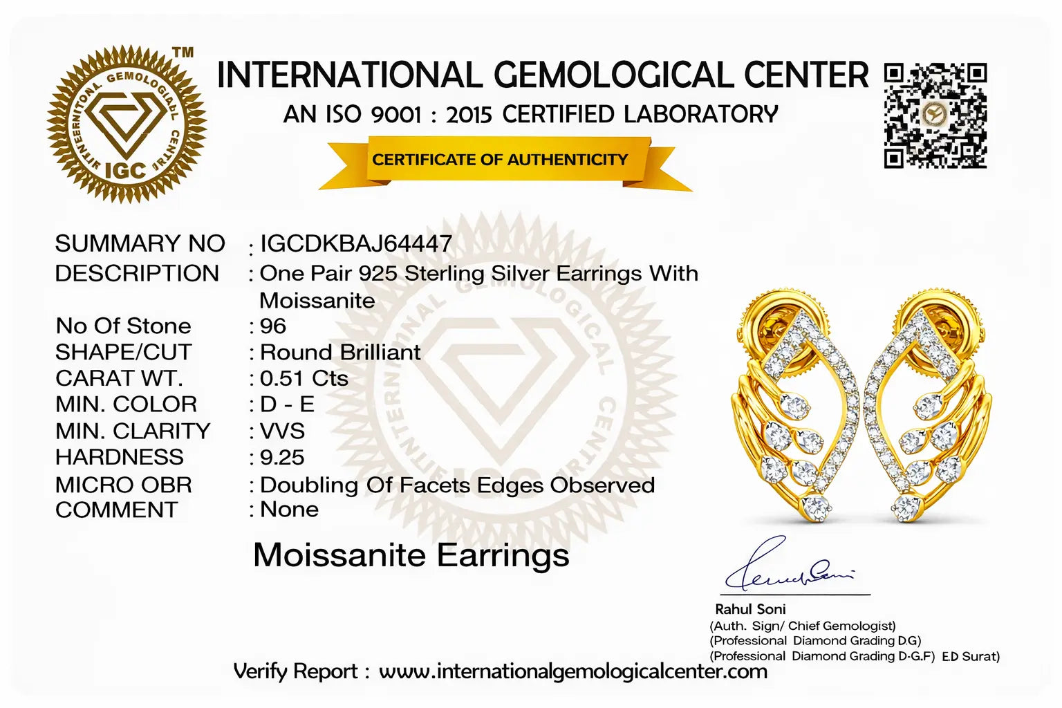 Certificate of authenticity for gold and silver earrings with moissanite from the International Gemological Center.