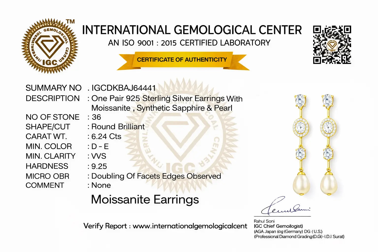 Certificate of authenticity for silver earrings with moissanite, synthetic sapphire, and pearl from the International Gemological Center.