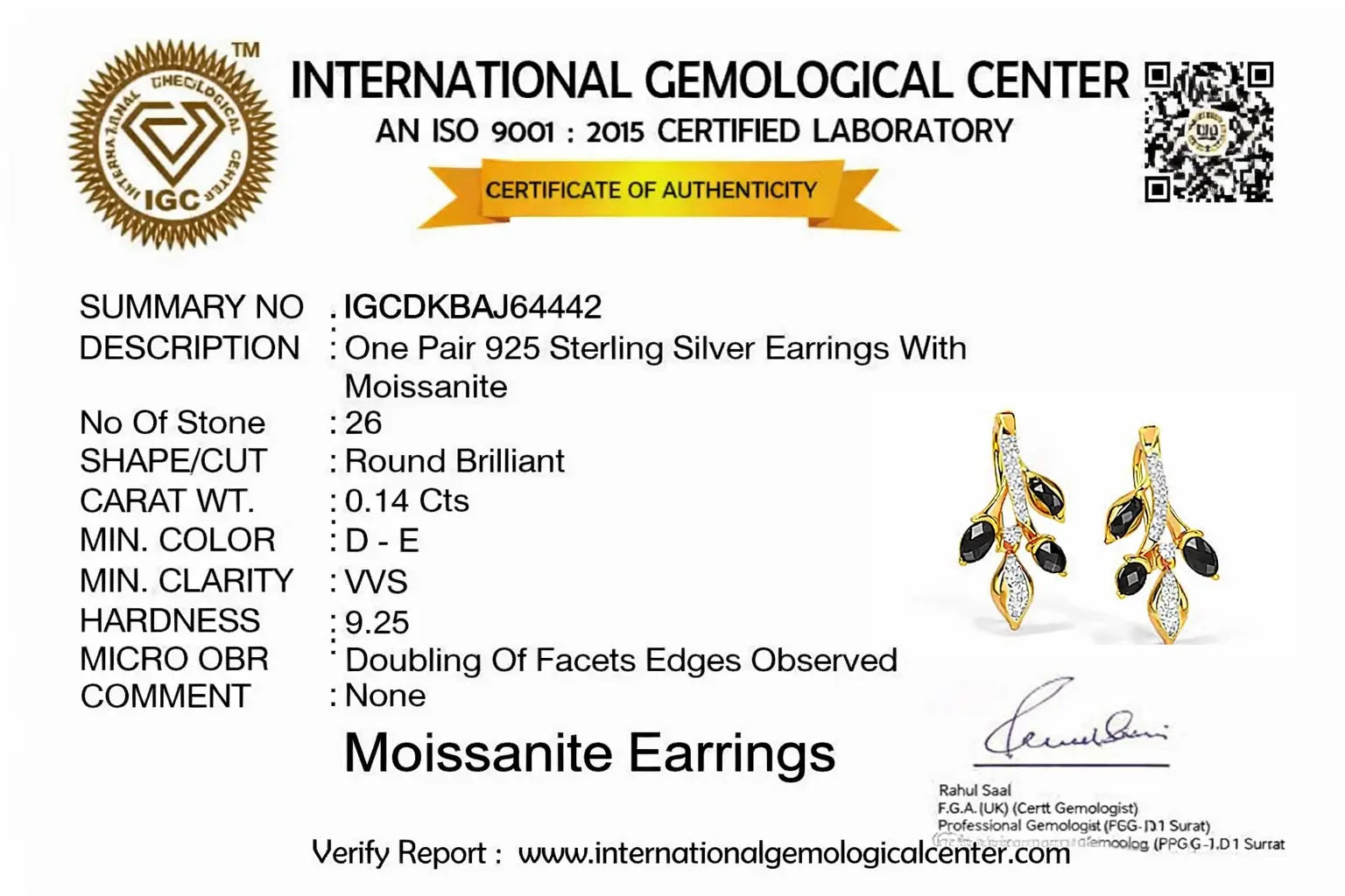 International Gemological Center certificate for moissanite earrings with detailed specifications.