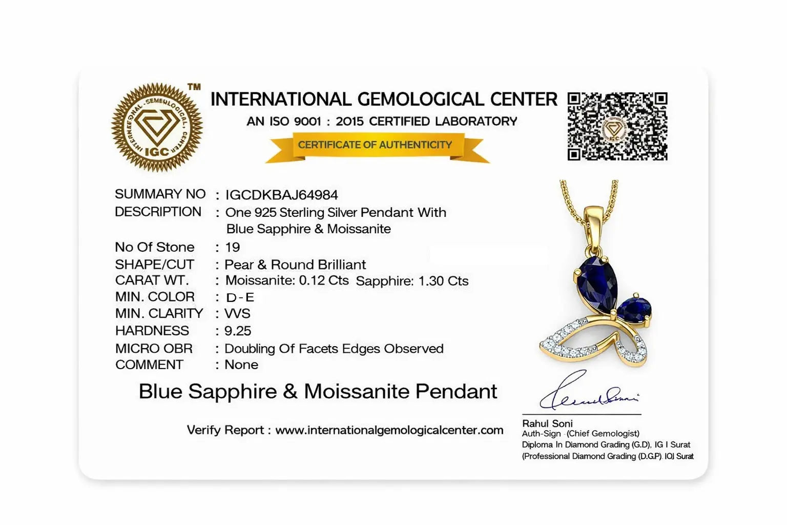Certificate of authenticity for a blue sapphire and moissanite pendant with International Gemological Center logo.