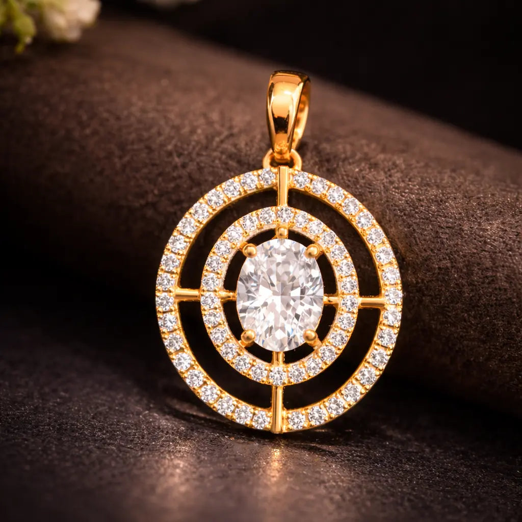 Gold pendant with a central gemstone and circular diamond accents on a dark surface