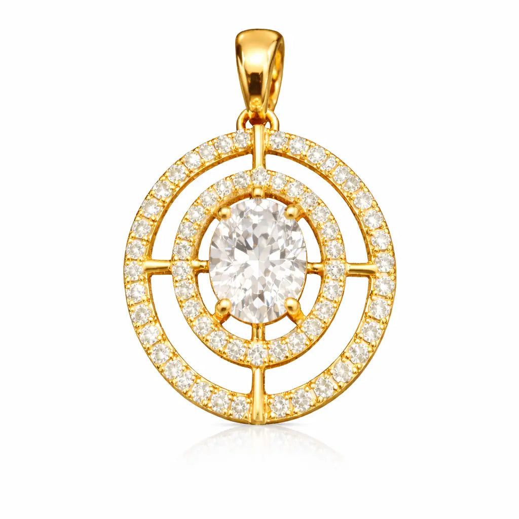 Gold pendant with a central diamond and smaller diamonds around on a white background