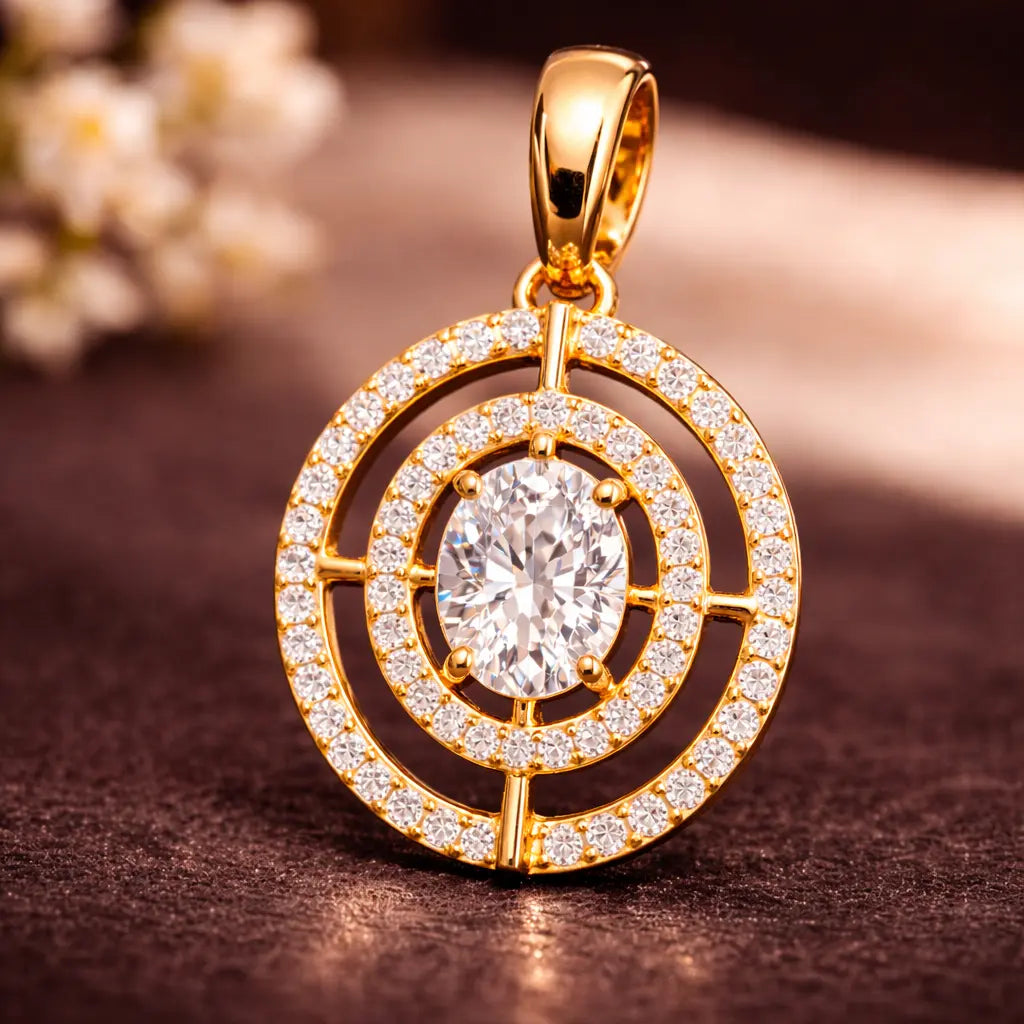 Gold pendant with a central diamond on a brown surface