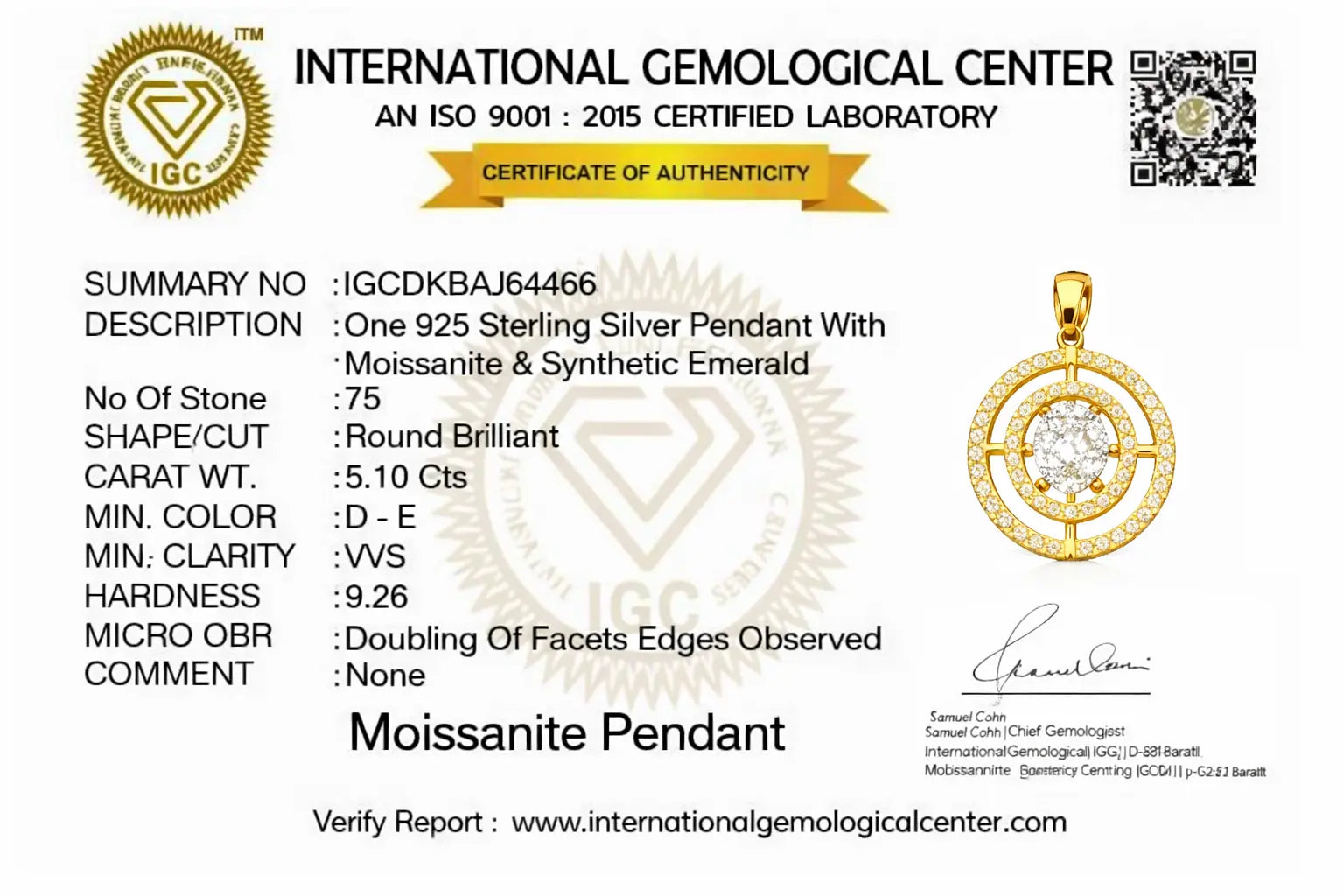 International Gemological Center certificate for a 925 Sterling Silver Pendant with Moissanite & Synthetic Emerald