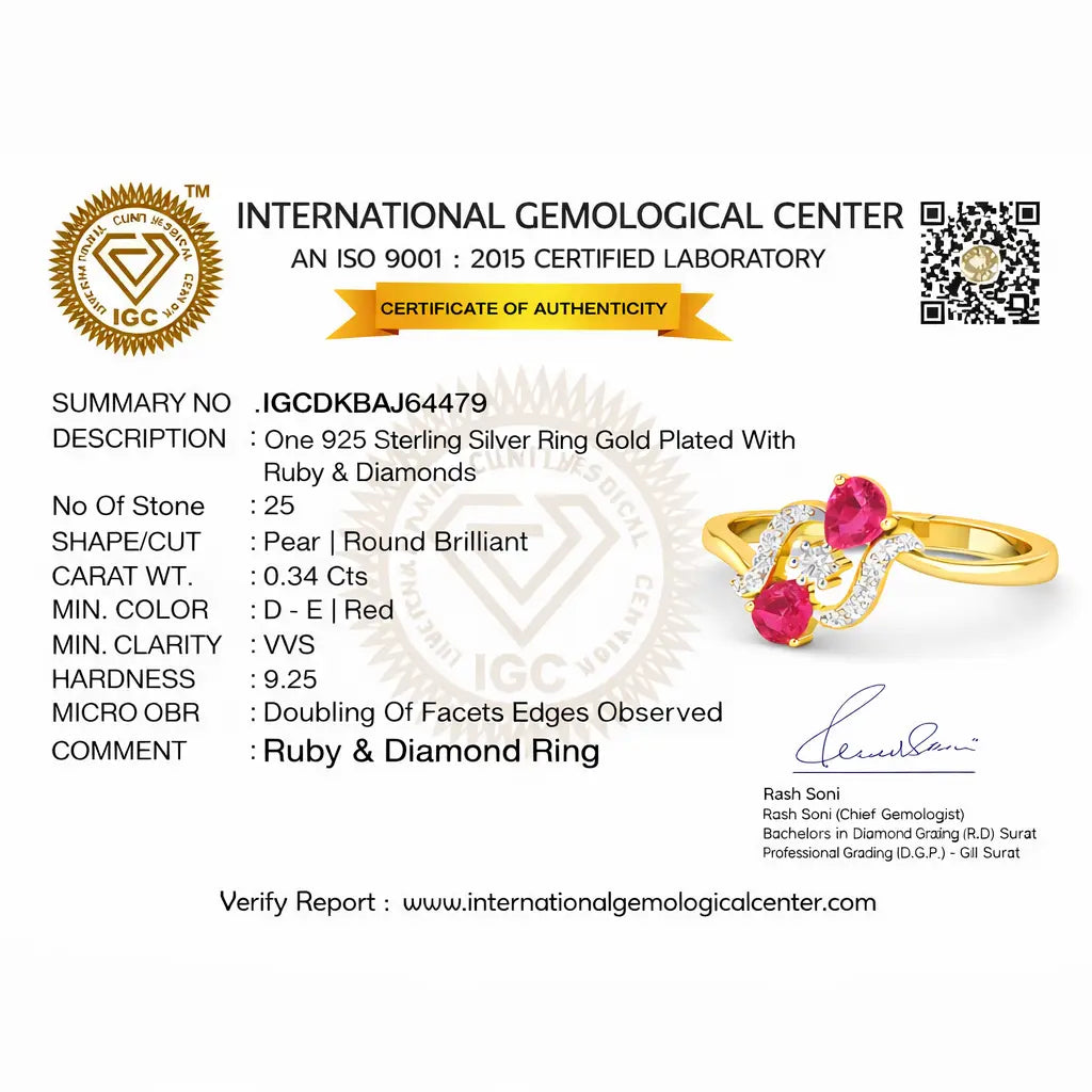 Certificate of authenticity for a gold-plated ring with rubies and diamonds, featuring the International Gemological Center logo.