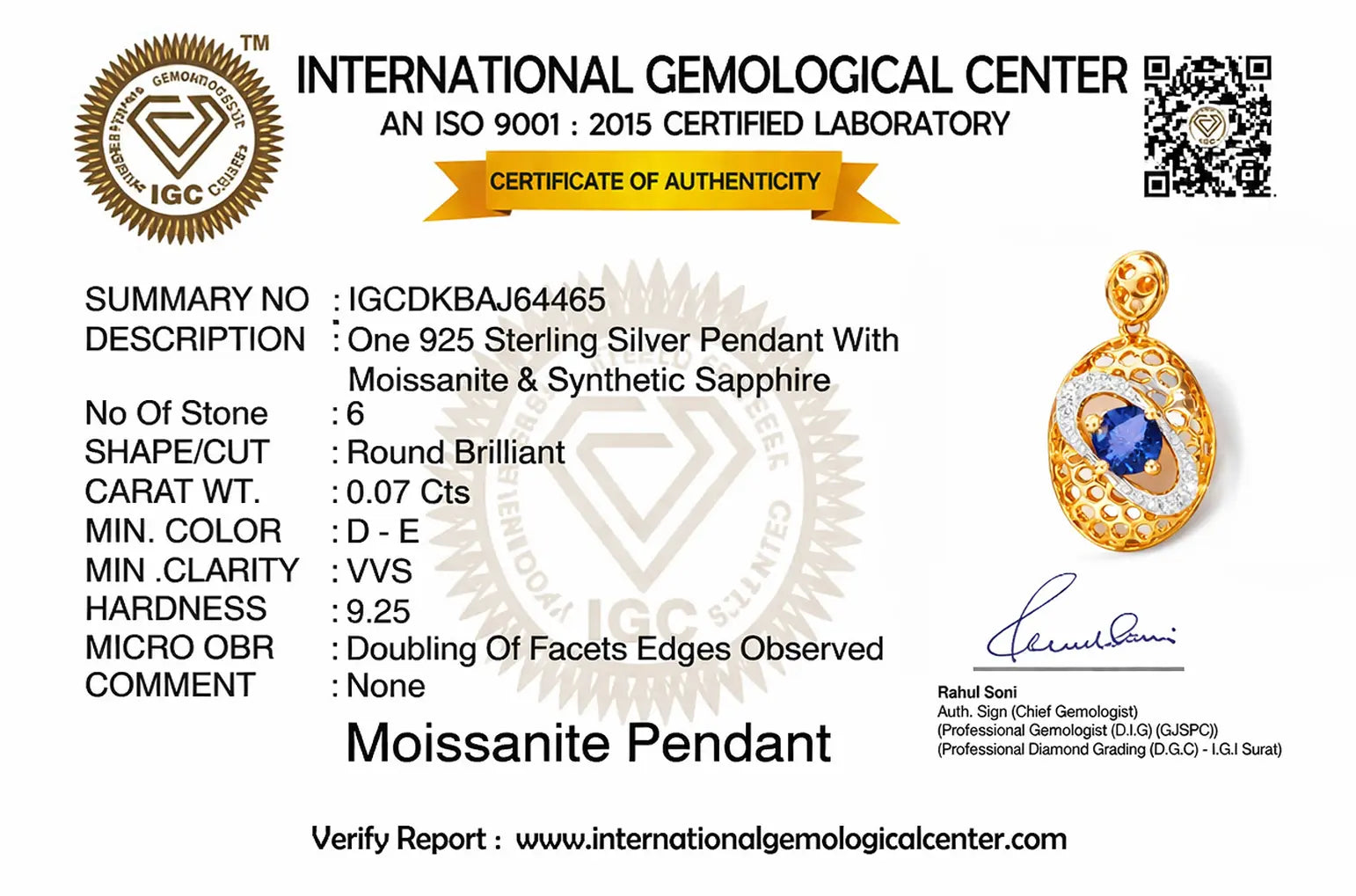 International Gemological Center certificate for a 925 Sterling Silver Pendant with Moissanite & Synthetic Sapphire