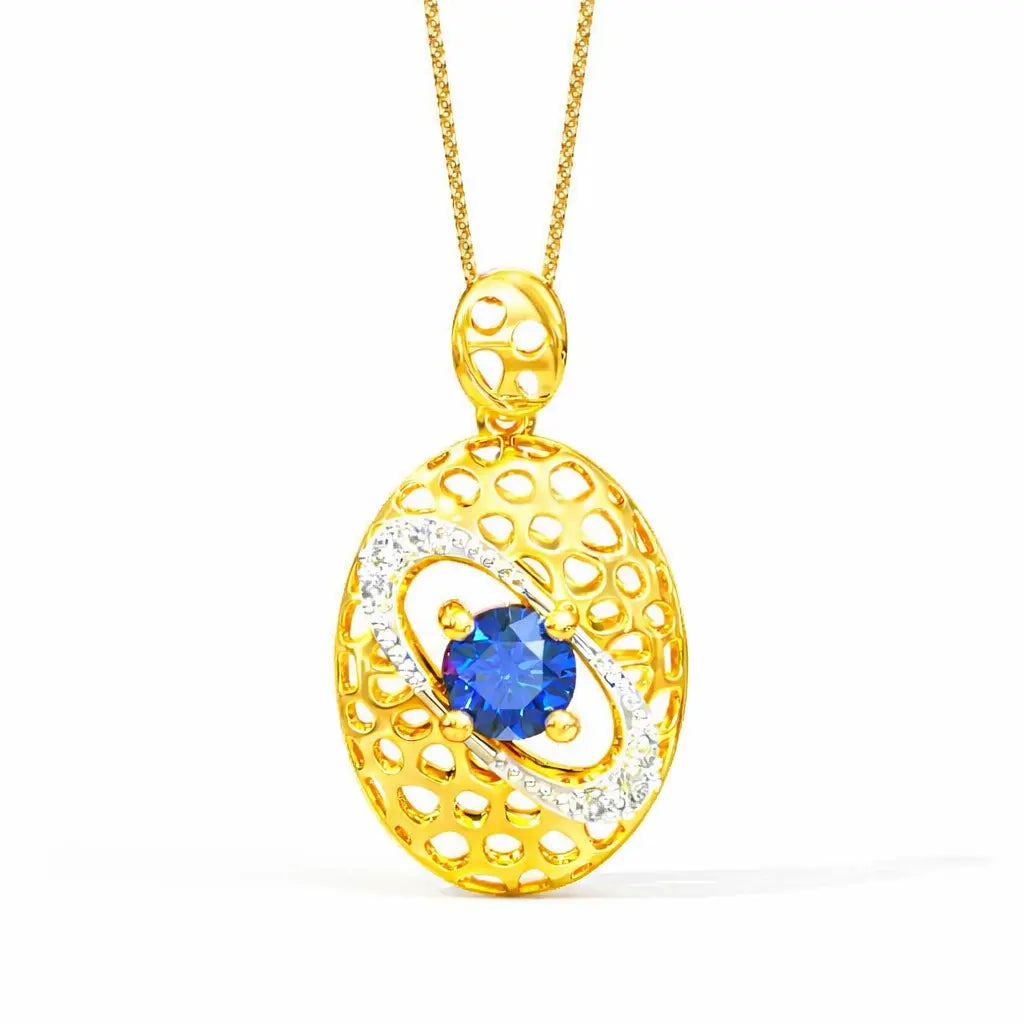 Gold pendant with a blue gemstone on a white background