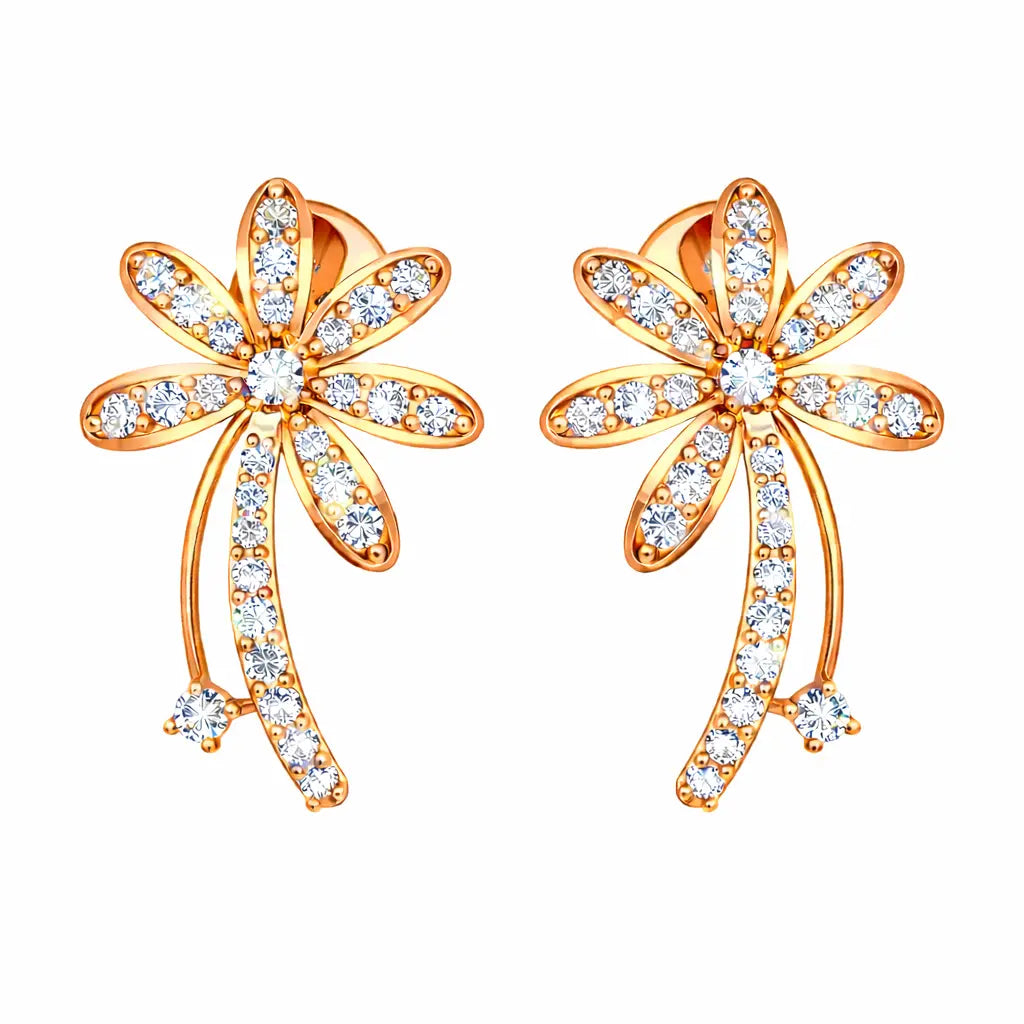 Gold flower-shaped earrings with clear gemstones on a white background