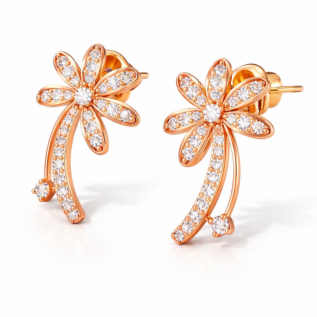Rose gold flower-shaped earrings with clear gemstones on a white background 