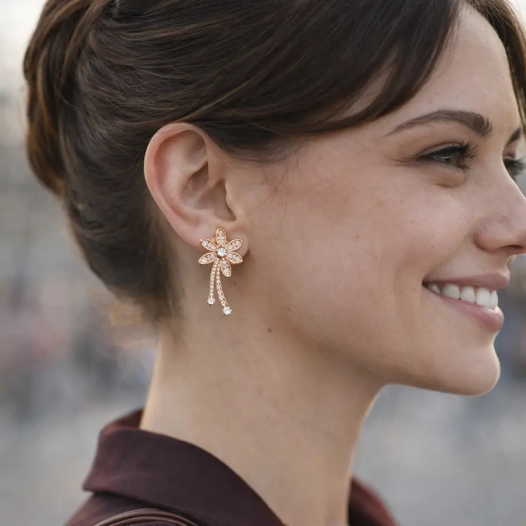 Woman wearing a floral earring with a blurred background