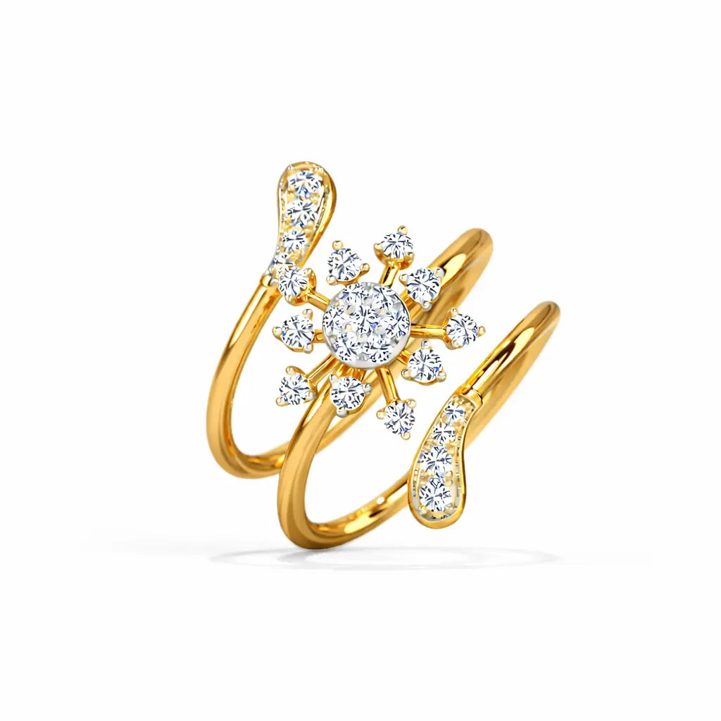 Gold ring with diamond accents on a white background