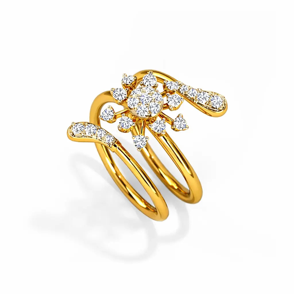 Gold ring with diamond accents on a white background