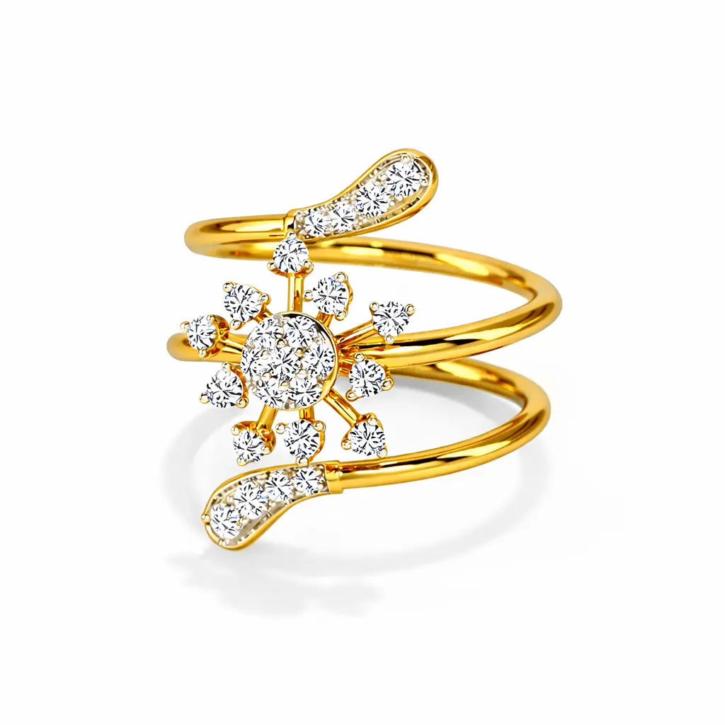 Gold ring with diamond accents on a white background