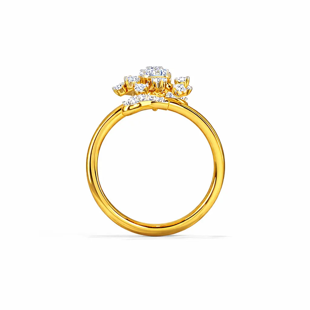 Gold ring with diamond-like stones on a white background