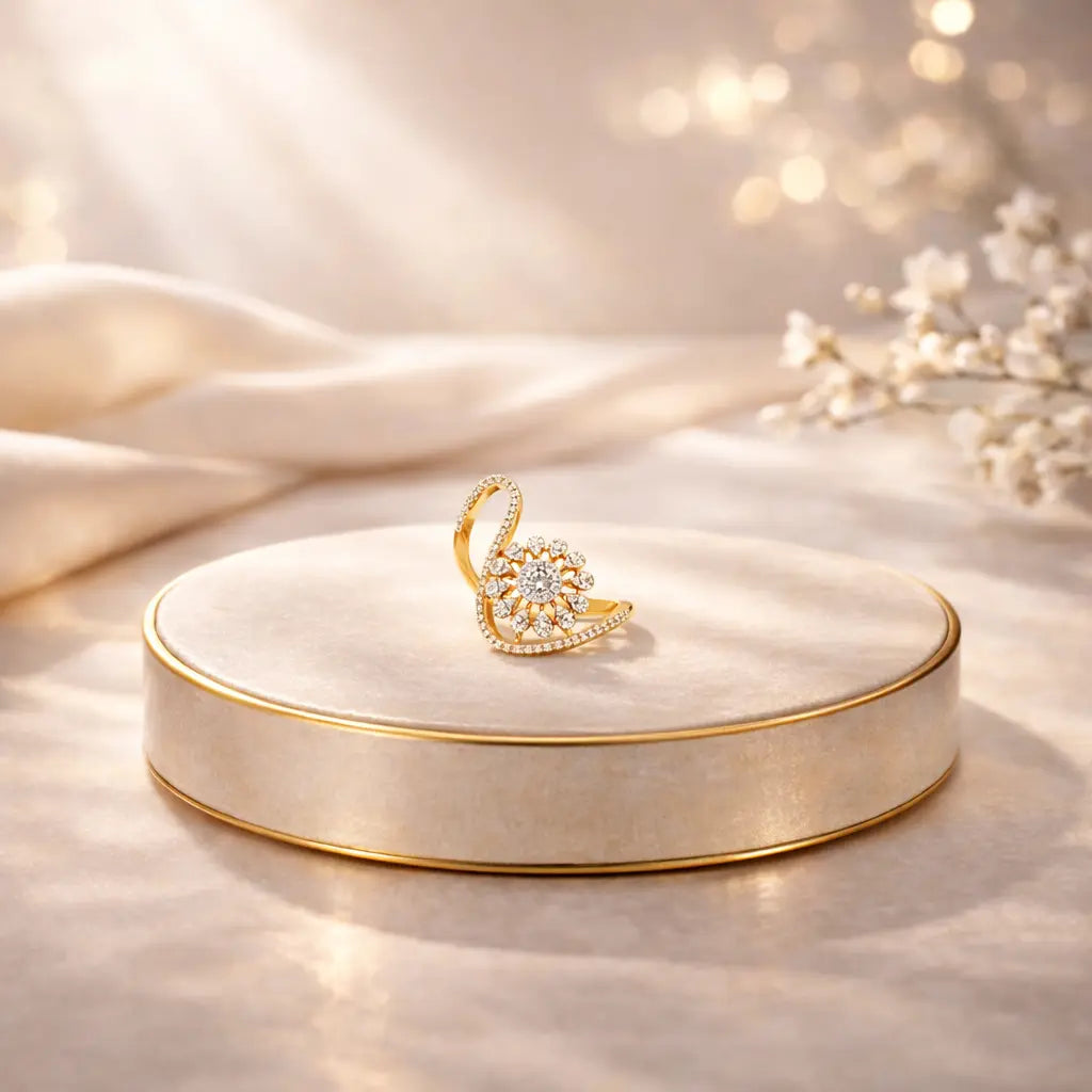 Gold ring with a diamond on a white dish against a soft, blurred background