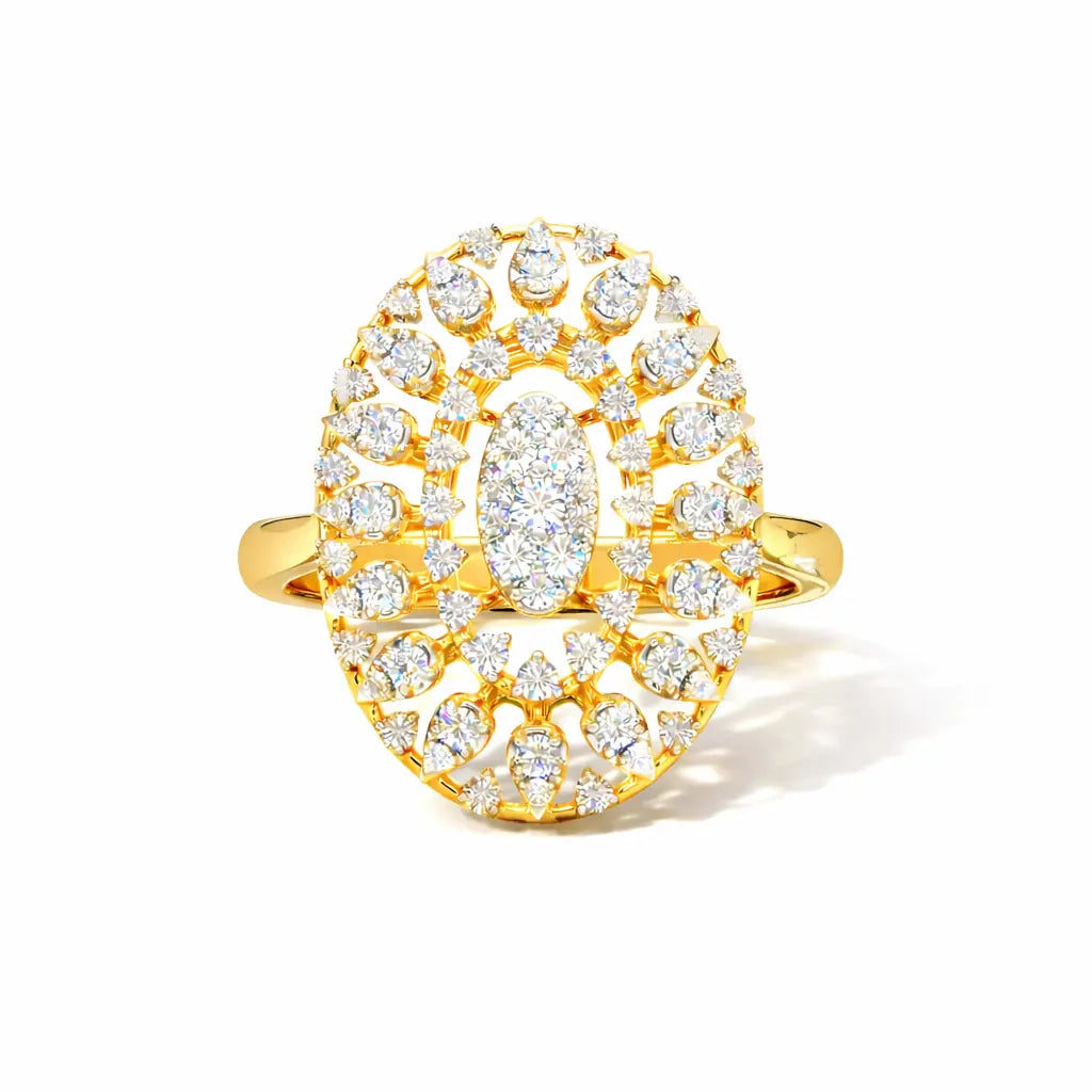 Gold ring with diamond accents on a white background