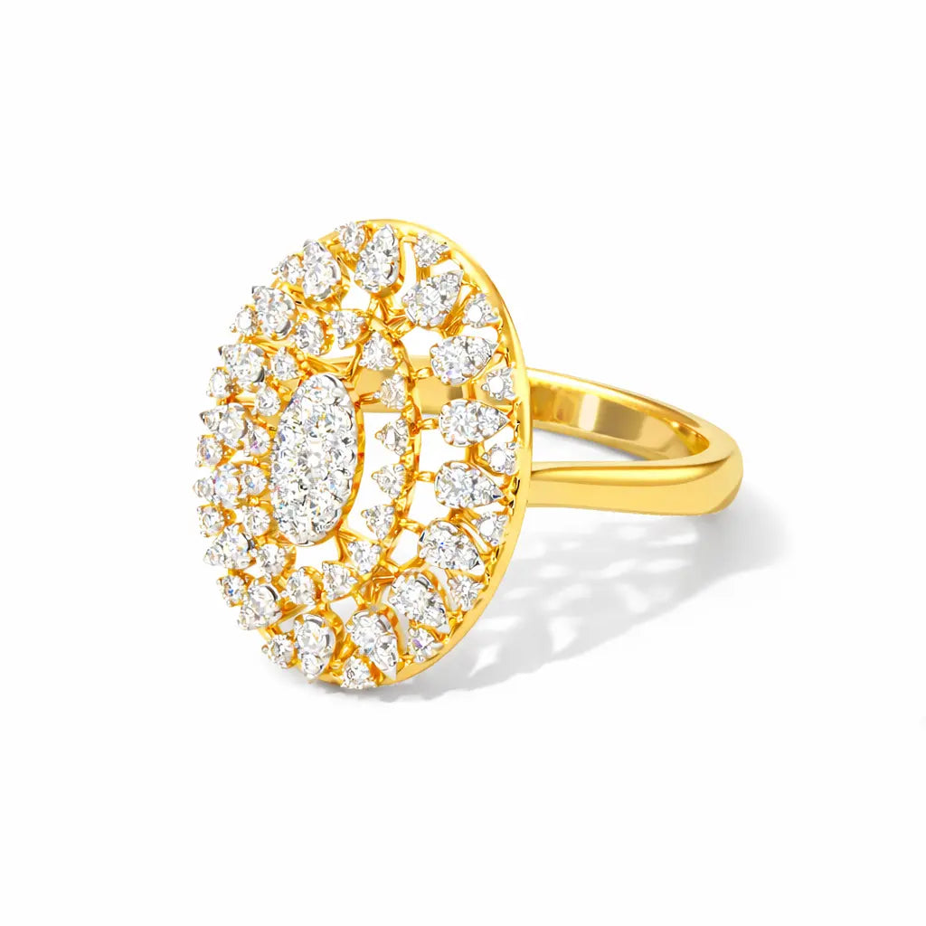 Gold ring with diamond accents on a white background