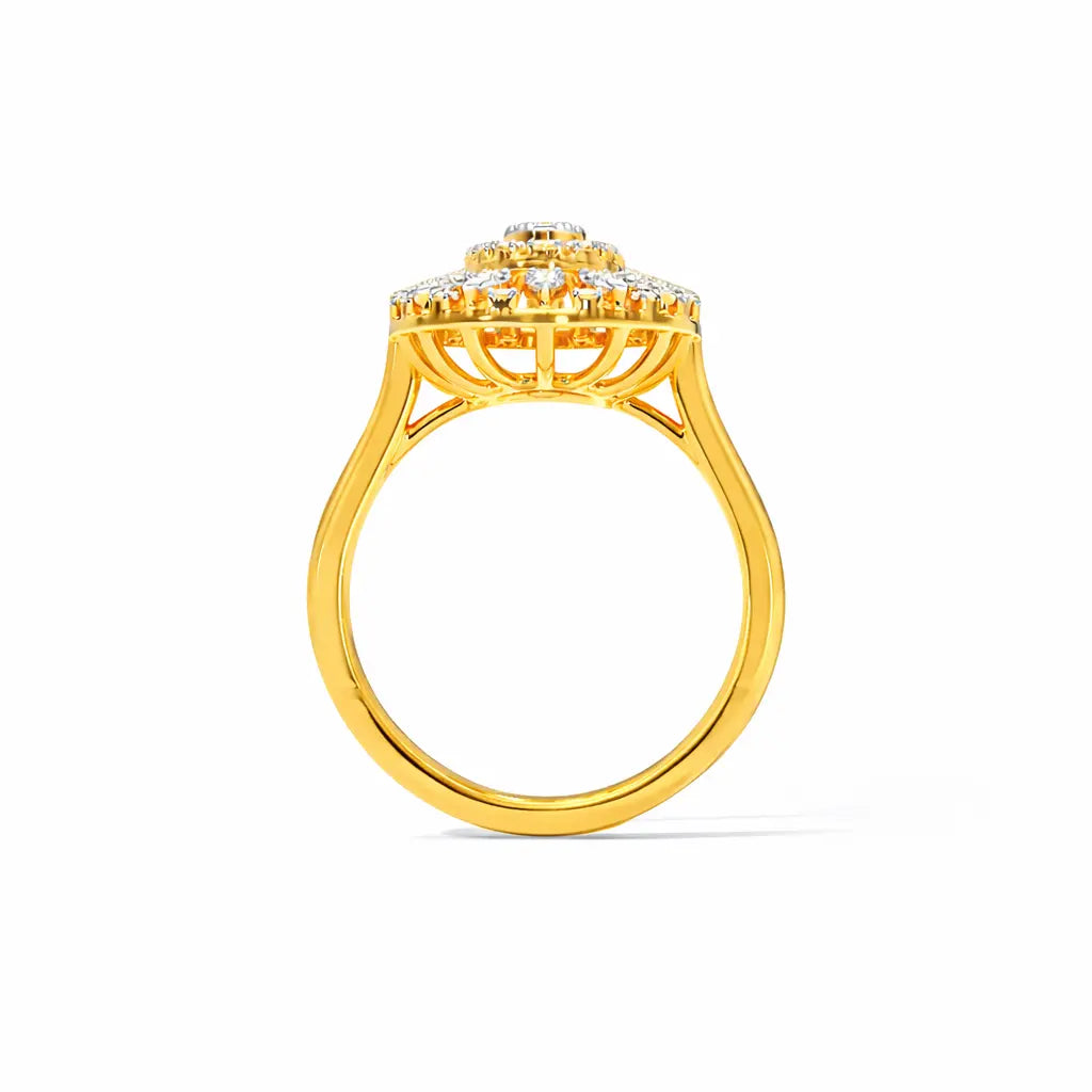 Gold ring with diamond accents on a white background