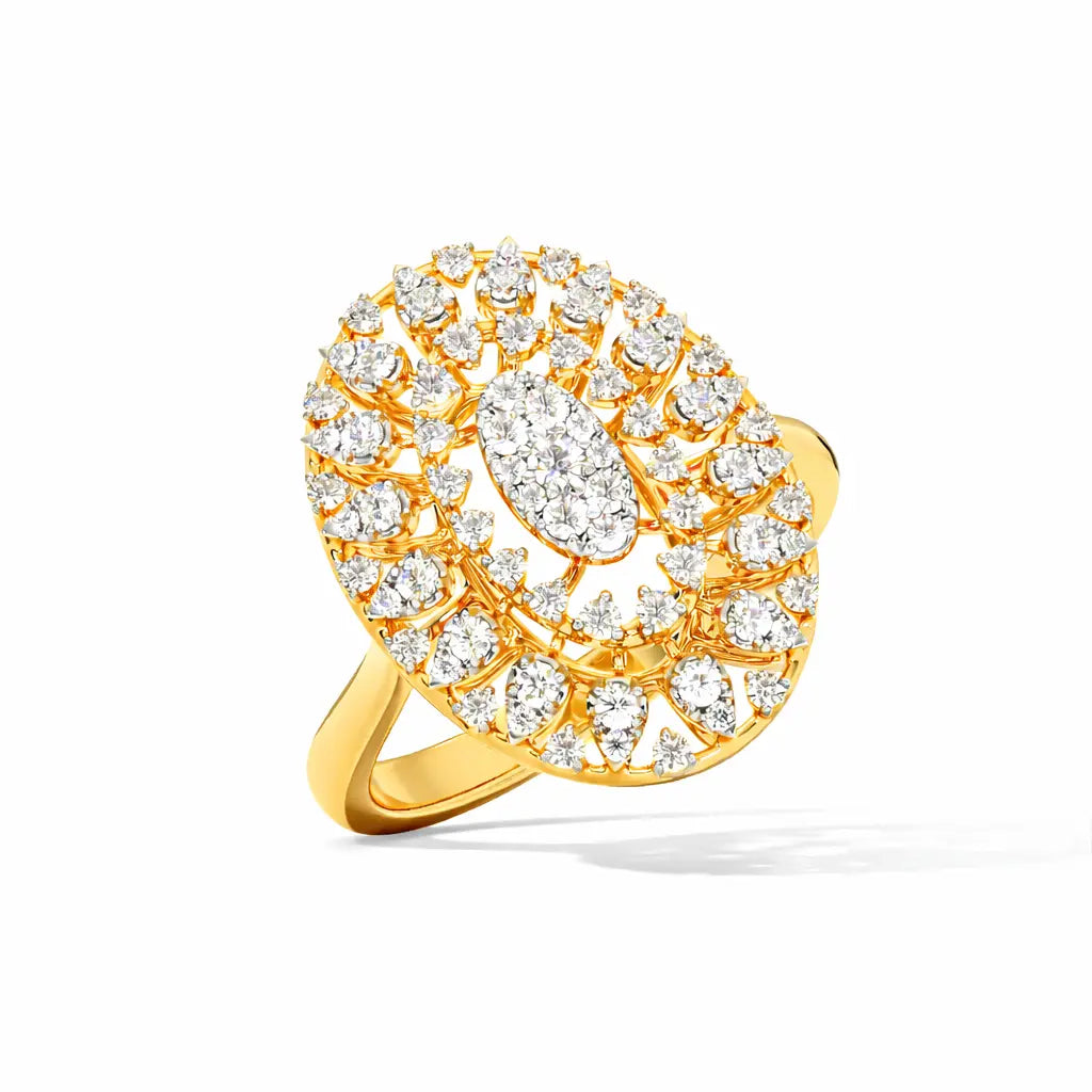 Gold ring with diamond accents on a white background