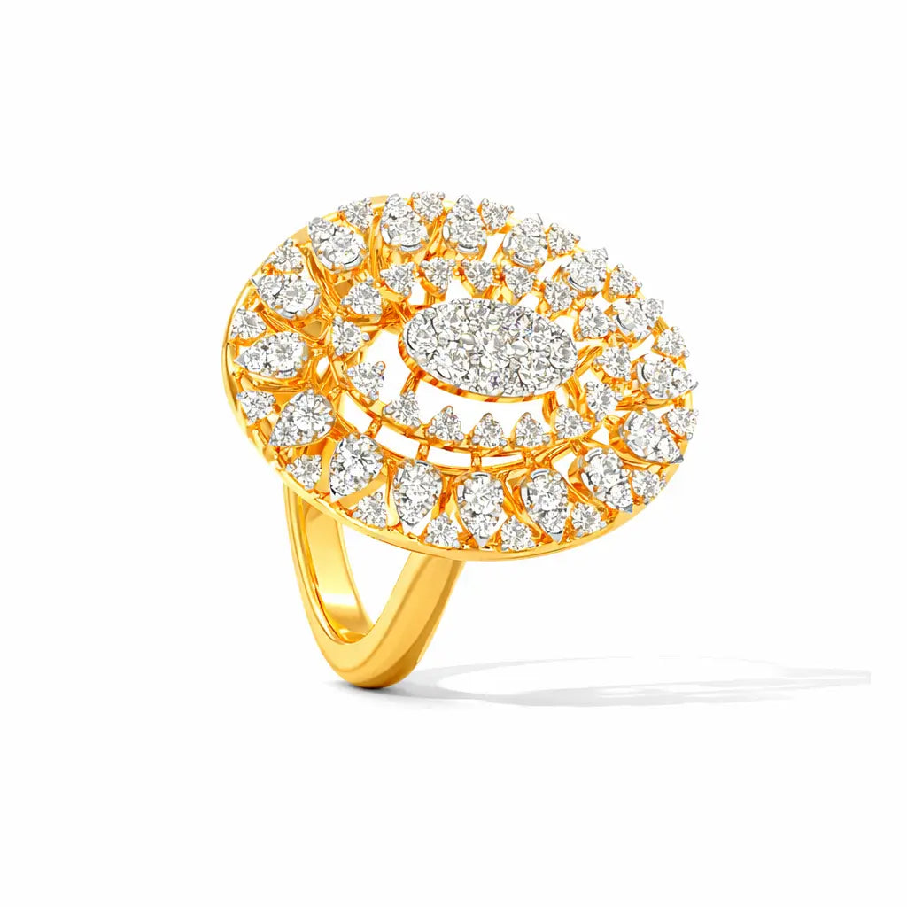 Gold ring with diamond accents on a white background