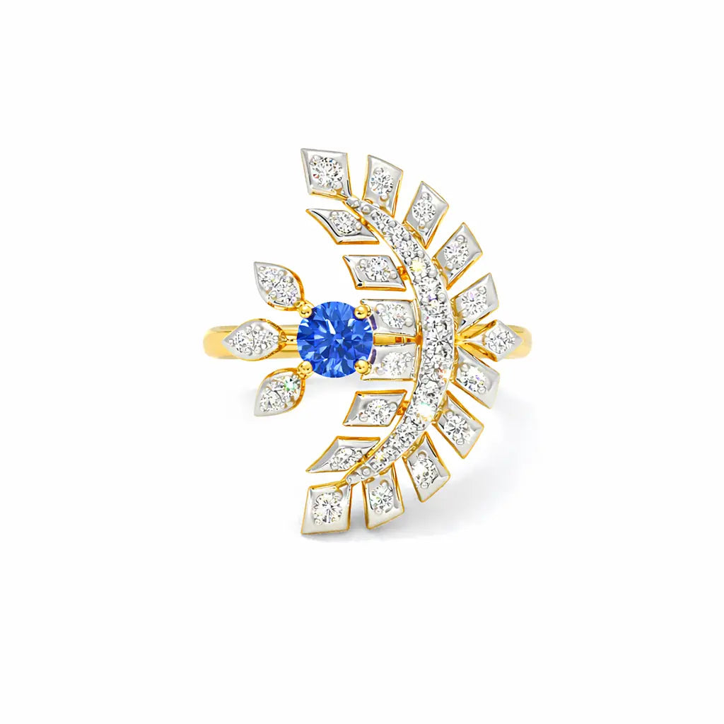 Gold and diamond-studded brooch with a blue gemstone on a white background