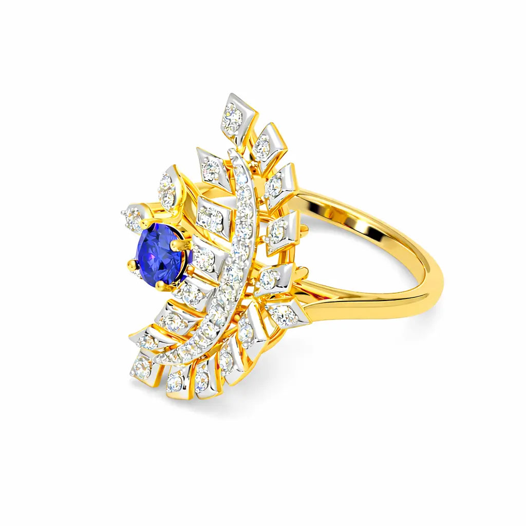 Gold ring with a blue gemstone and diamond accents on a white background