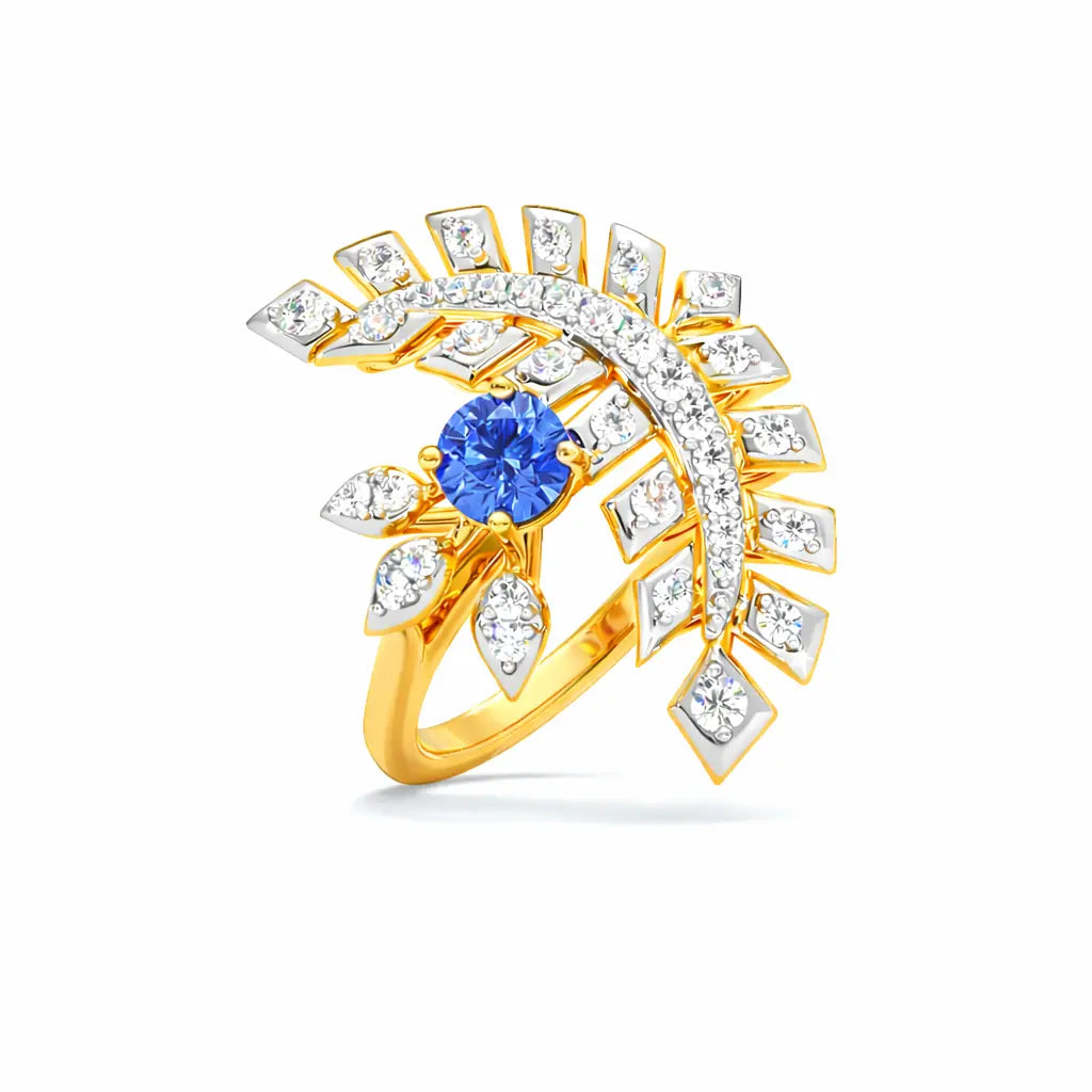 Gold ring with a blue gemstone and diamond accents on a white background