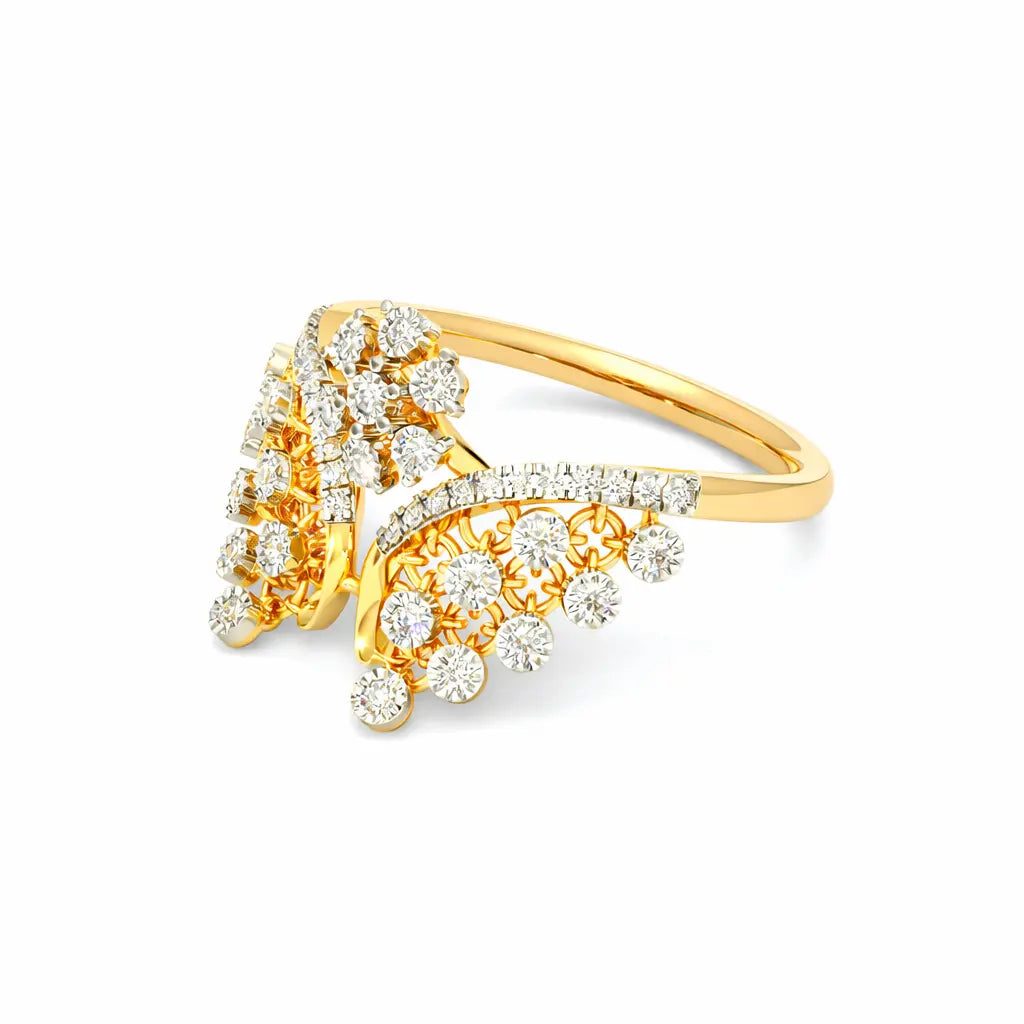 Gold ring with diamond accents on a white background