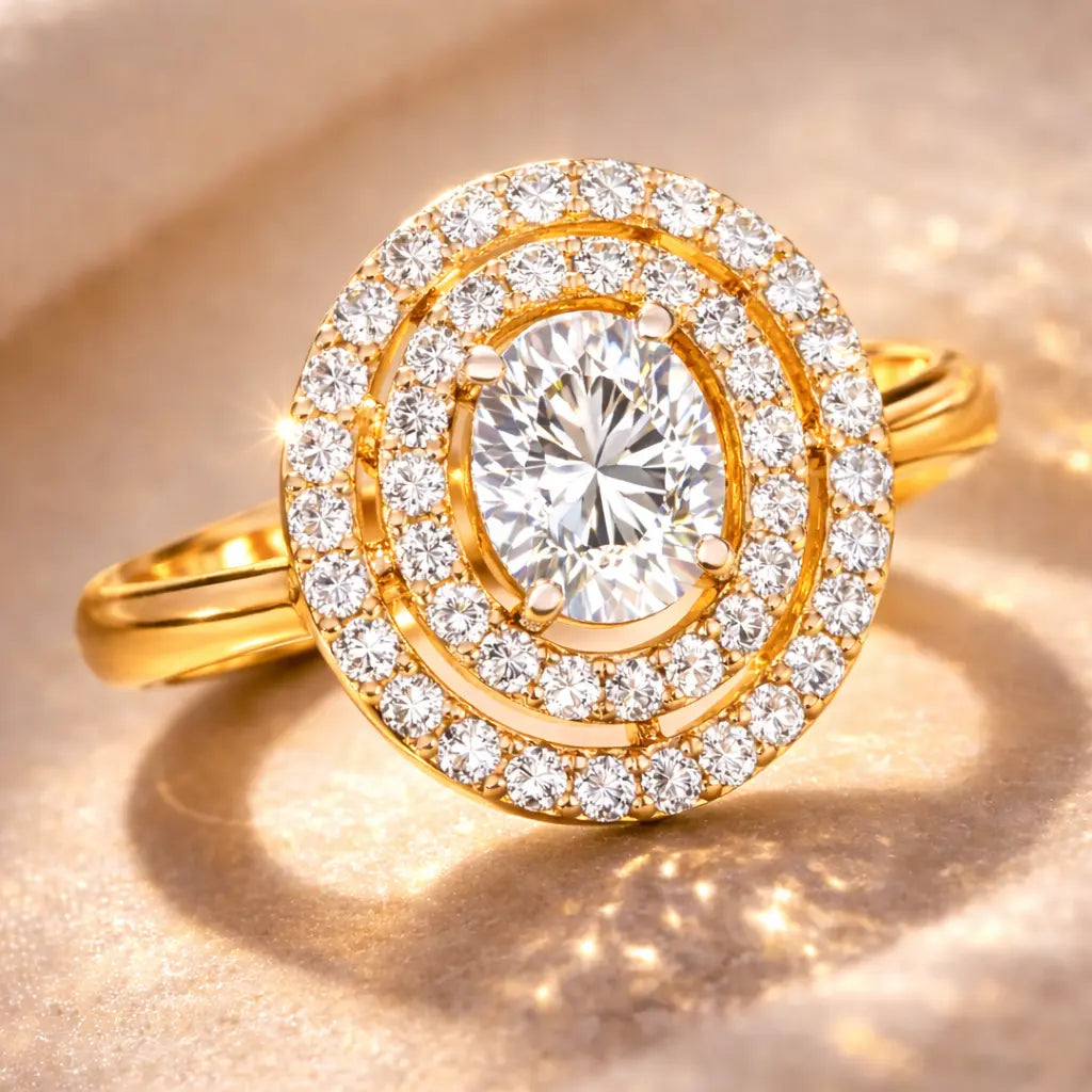 Gold ring with a large central diamond and smaller diamonds around on a gold background