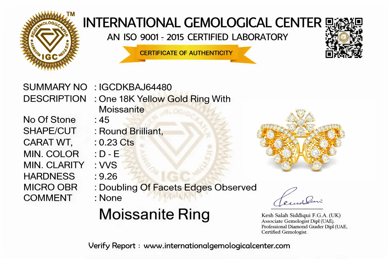International Gemological Center certificate for a 18K Yellow Gold Ring with Moissanite