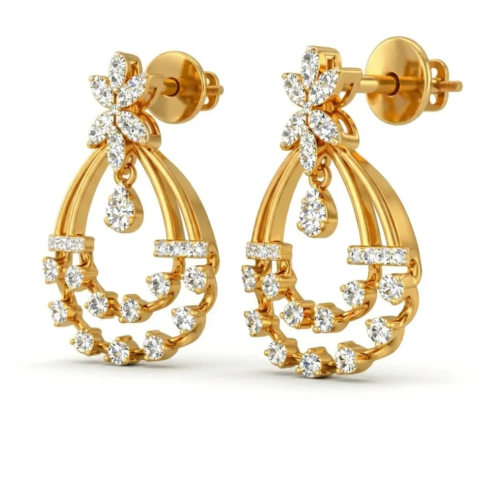 Gold earrings with diamond accents on a white background