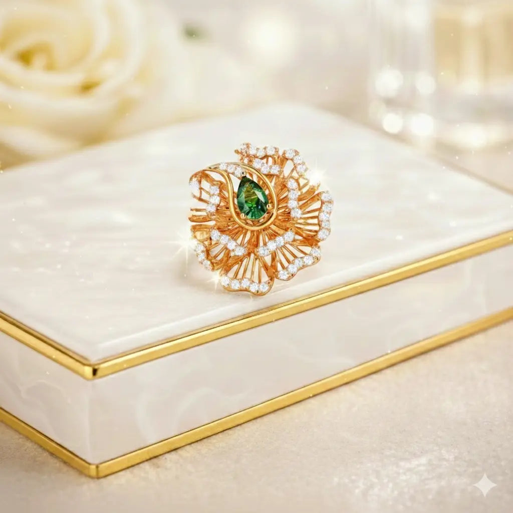 Gold ring with a green gemstone on a white jewelry box with gold trim.