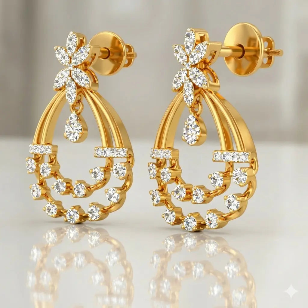 Gold earrings with diamond accents on a reflective surface