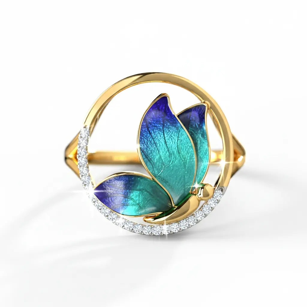 Gold ring with butterfly wings and diamond accents on a white background