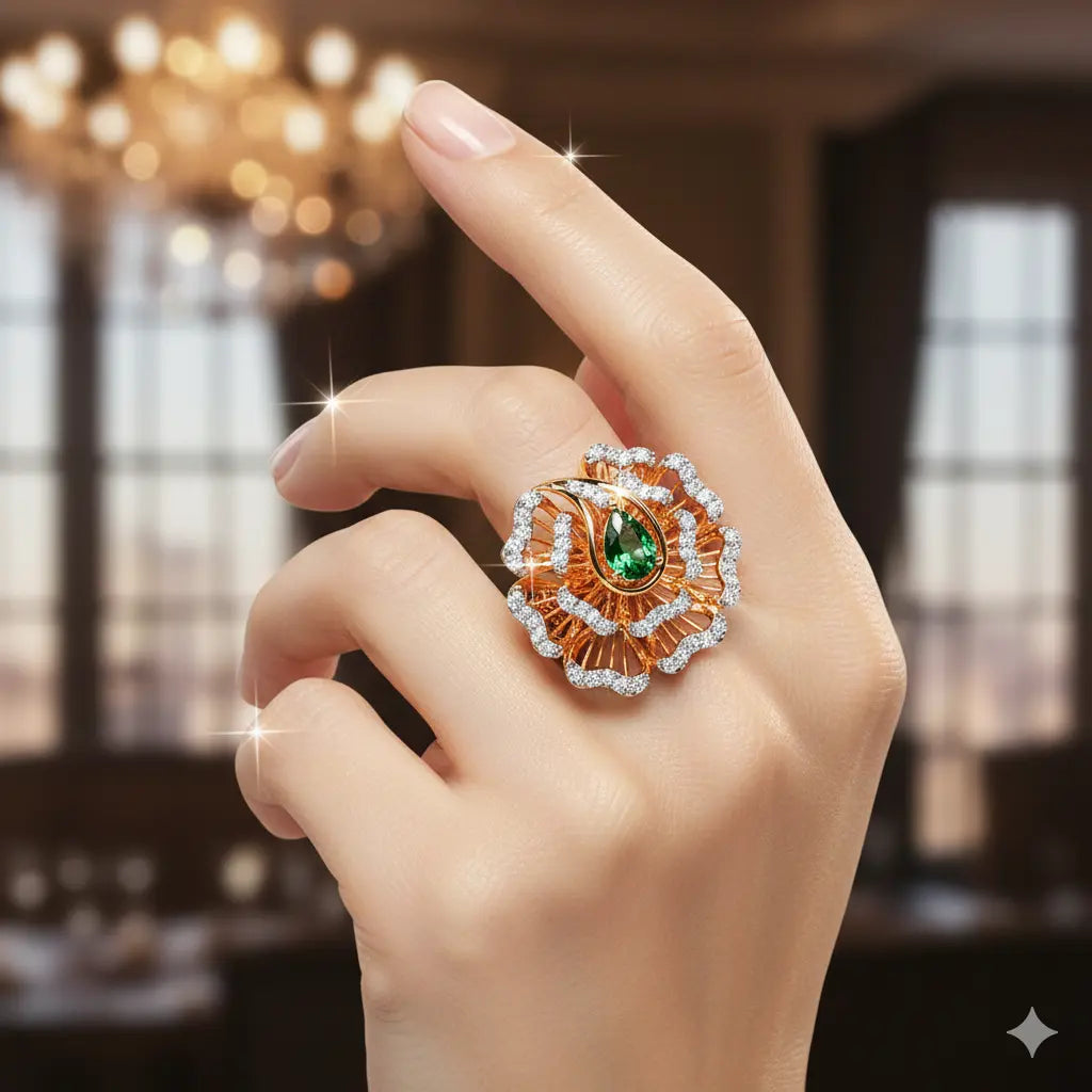 Elegant ring with green gemstone on a hand against a blurred indoor background