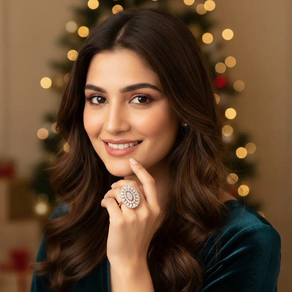Woman wearing a large ring with a Christmas tree and lights in the background