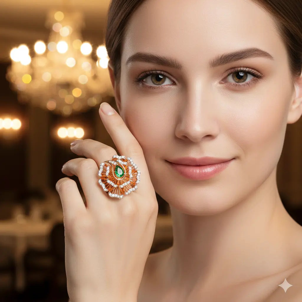 Woman wearing a decorative ring with a green gemstone in an elegant indoor setting.