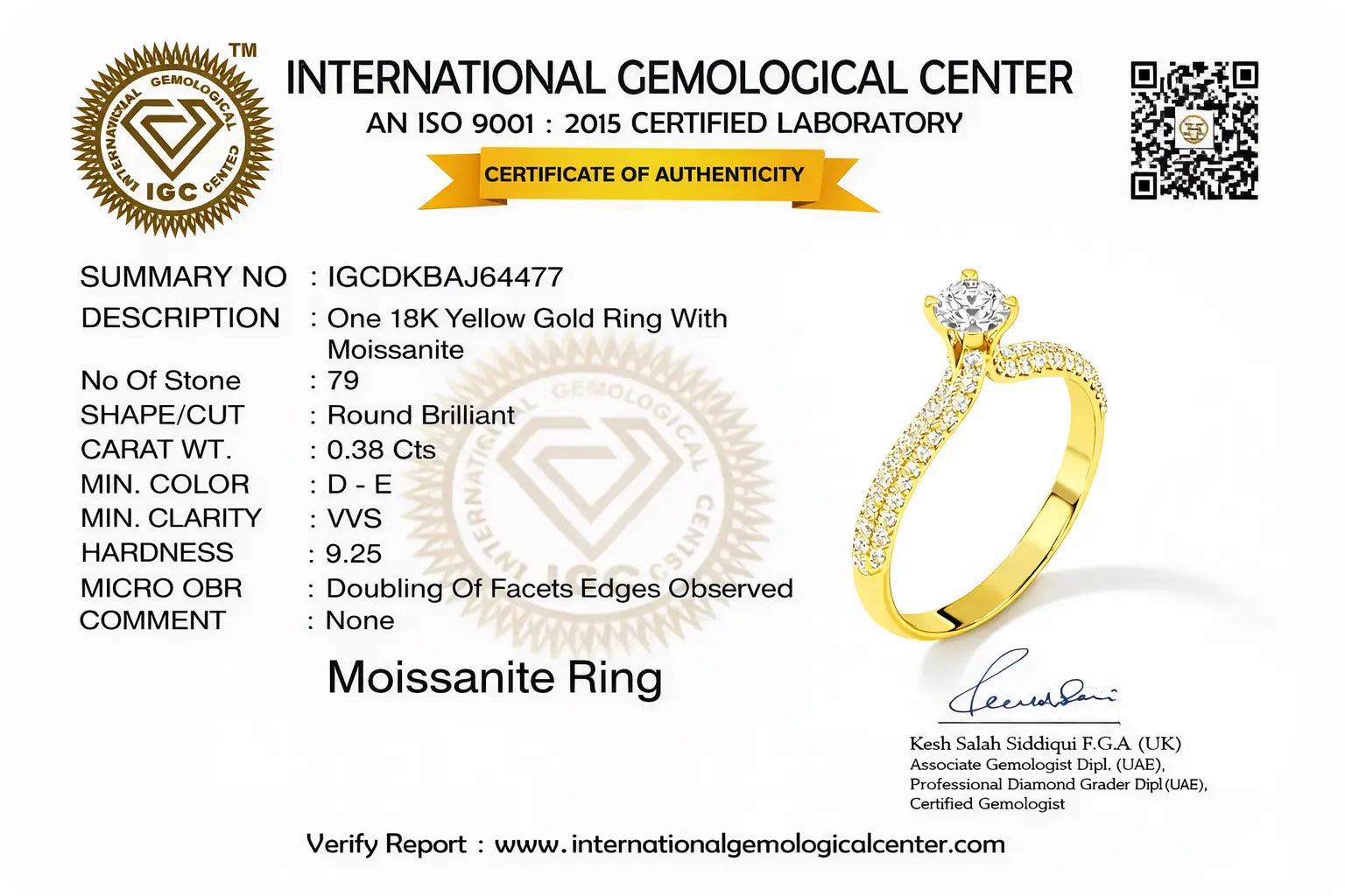 Certificate of authenticity for a 18K Yellow Gold Ring with Moissanite from the International Gemological Center.